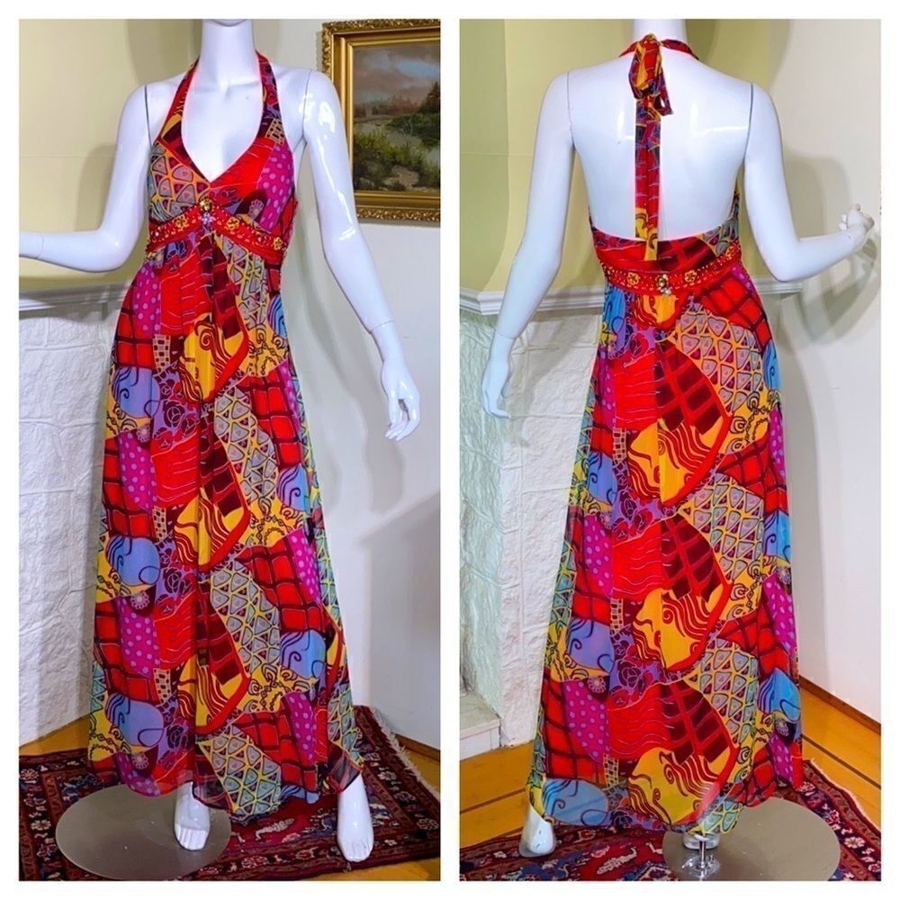 Sue Wong Beaded Printed Silk Chiffon Maxi Dress - Picture 2 of 15